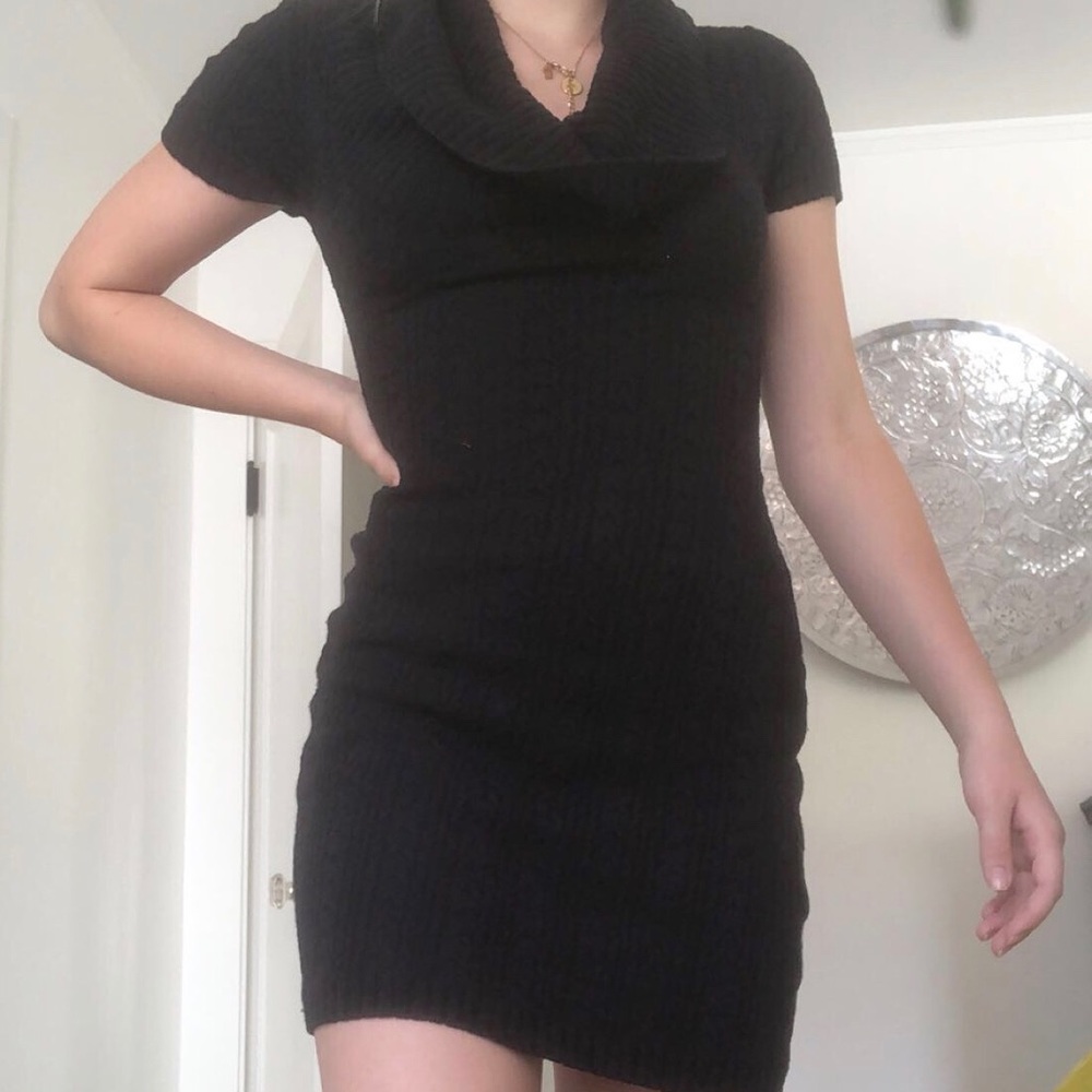 Black knit cowl neck dress